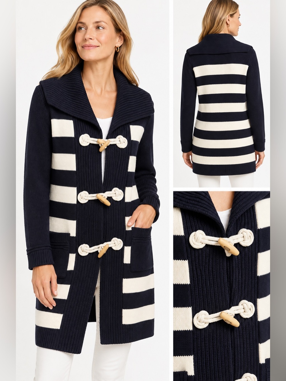 NWT Talbots $189 Navy Ivory Striped Toggle Long Cardigan Sweater S